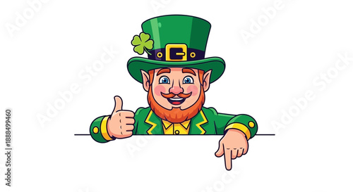 A cheerful leprechaun in a green hat with a shamrock, giving a thumbs up and pointing down.