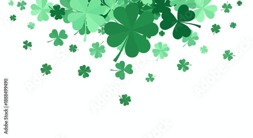 A cascade of green shamrocks and clovers falling from the top of the frame against a white background.