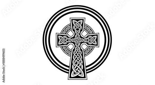 A black and white Celtic cross with intricate knotwork within a double-ringed circle, symbolizing faith and heritage.