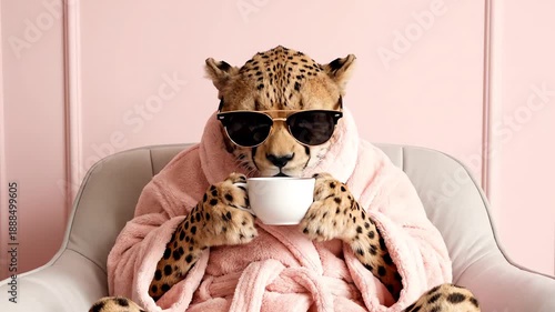 Cheetah Wearing Sunglasses and a Pink Bathrobe Sips Coffee While Relaxing in an Armchair