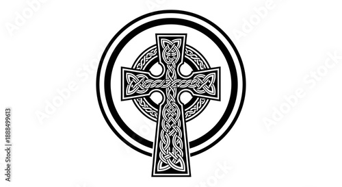 A detailed black and white illustration of a Celtic cross with intricate knotwork within a circular border.