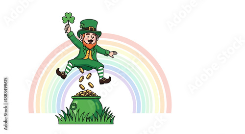 A cheerful leprechaun in a green hat and suit jumps joyfully over a pot of gold coins at the end of a rainbow.
