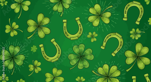 A festive St. Patrick's Day background pattern featuring green shamrocks and golden horseshoes.
