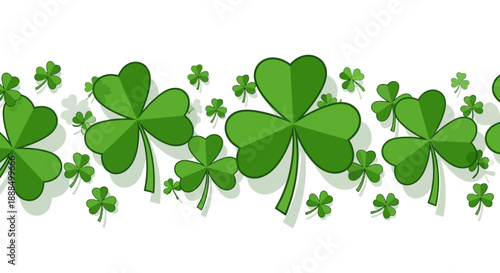 A seamless border pattern featuring vibrant green shamrocks and clover leaves on a white background, evoking a sense of luck and St. Patrick's Day.