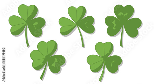 Five green shamrocks with detailed veins and shadows, arranged in a scattered pattern on a white background.
