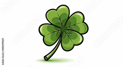 A vibrant green four-leaf clover with a stem, casting a subtle shadow on a white background, symbolizing good luck and nature's beauty.