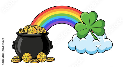 A pot of gold sits at the end of a rainbow, with a shamrock on a cloud.