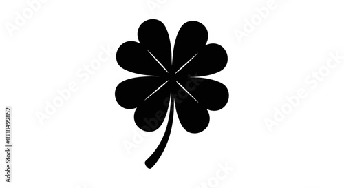 A simple, bold, black silhouette of a four-leaf clover with a curved stem.