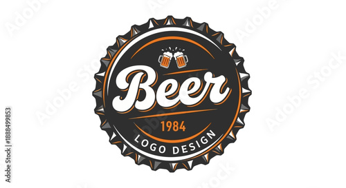 Retro beer logo design featuring the word Beer with two frothy beer mugs and the year 1984.