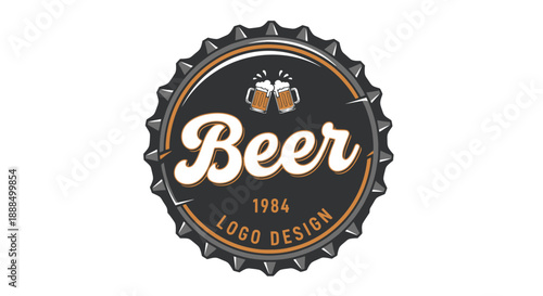 Retro beer bottle cap logo design with "Beer 1984 Logo Design" text and two frothy beer mugs illustration.