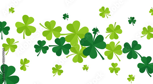 A festive and vibrant background illustration featuring a scattering of green shamrocks and clover leaves on a clean white backdrop.