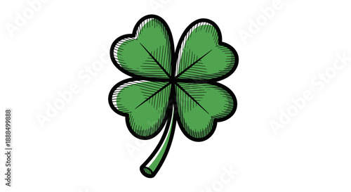 A vibrant green four-leaf clover illustration with a stem, set against a white background.