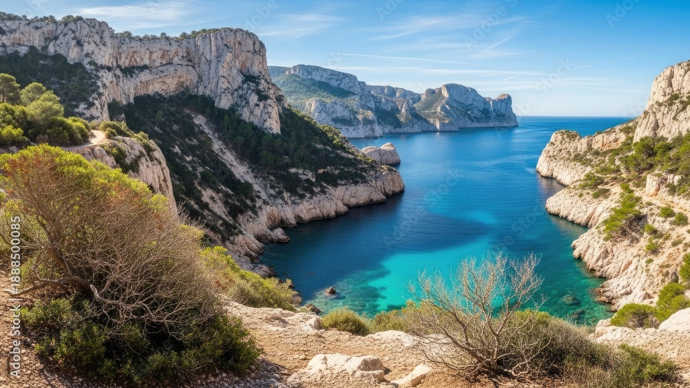 Fototapeta premium A serene and vibrant landscape of a rocky coastline with crystal clear waters