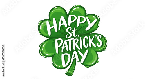 A vibrant green shamrock with the words "Happy St. Patrick's Day" written in white, celebrating the Irish holiday.