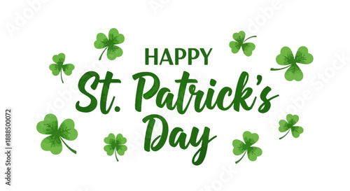 Happy St. Patrick's Day greeting with shamrocks and green text on a white background.