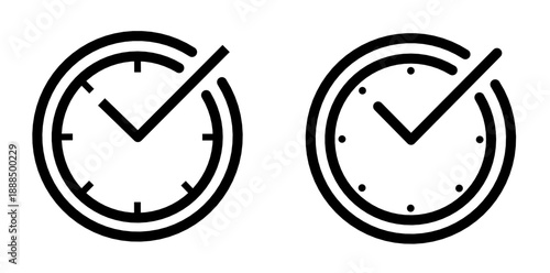 Clock icon featuring a check mark symbol representing on-time delivery, deadline completion, productivity, and efficient time management. Vector illustration of clock icon set