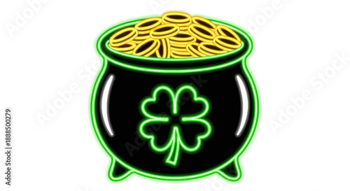 A neon-outlined black pot overflowing with gold coins, featuring a glowing shamrock on its front.