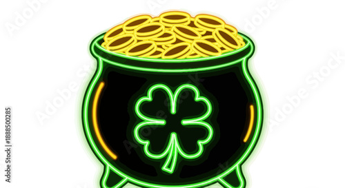 A glowing neon pot of gold coins adorned with a four-leaf clover, symbolizing luck and wealth.