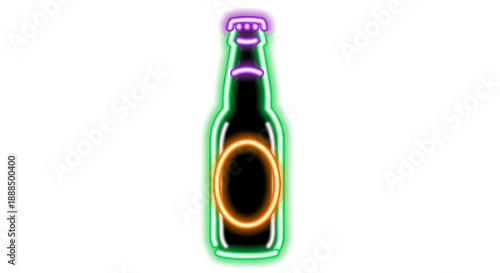 A neon sign shaped like a beer bottle with a glowing label.