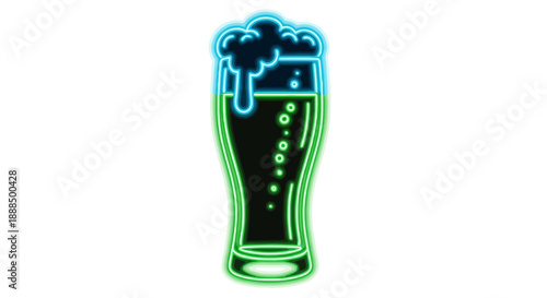 A neon-outlined glass filled with dark liquid and frothy foam.