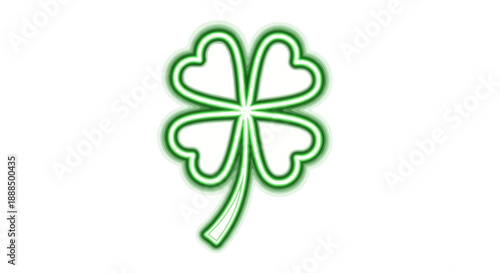 A bright green neon outline of a four-leaf clover on a white background.