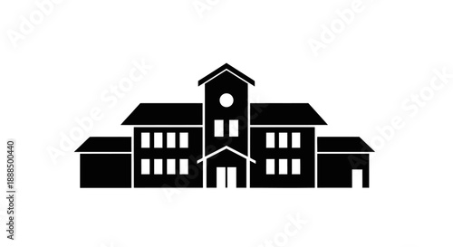 Black Silhouette of a School Building with a Clock Tower.