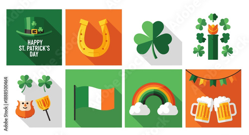 A collection of St. Patrick's Day themed icons including a leprechaun, shamrocks, a horseshoe, and beer mugs.