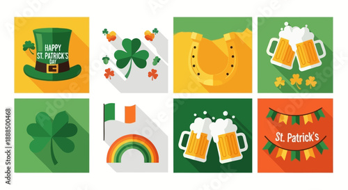 Collection of St. Patrick's Day themed icons including a leprechaun hat, shamrocks, a horseshoe, beer mugs, and a rainbow with the Irish flag.