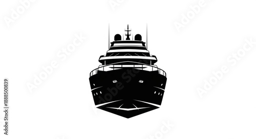 Black Silhouette of a Large Luxury Yacht Front View.
