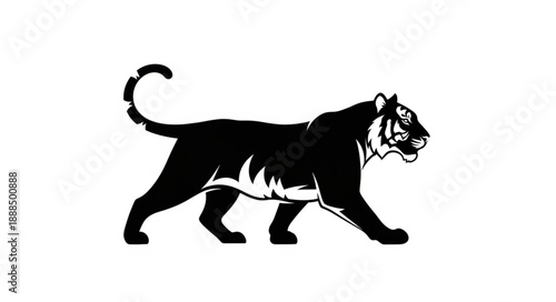 Black silhouette of a majestic tiger walking with its tail raised.