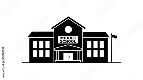 Black Silhouette of a Middle School Building with Flagpole.