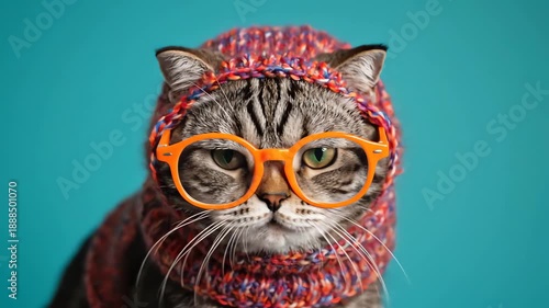 Tabby Cat Wearing Orange Glasses and Colorful Knitted Scarf Looking at Camera and Blinking