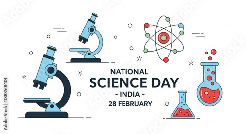 National science day india february 28th science illustration with microscopes atom and beakers