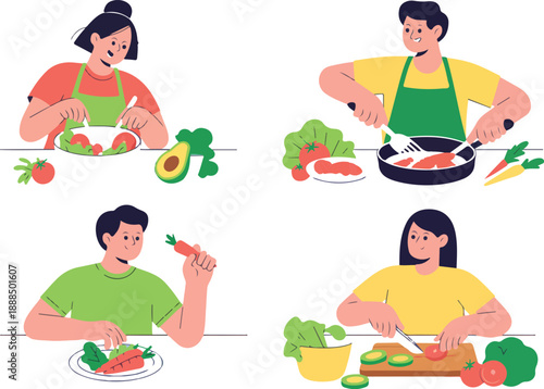Healthy Cooking Lifestyle Outline Icon Set  Diverse People Preparing Fresh Food