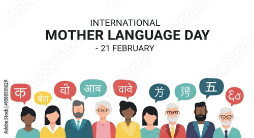 International mother language day on february 21st people from diverse cultures and ages celebrating linguistic diversity with speech bubbles in various languages on a white