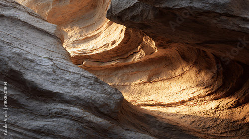 Sunlit Canyon Interior with Layered Rock Formations