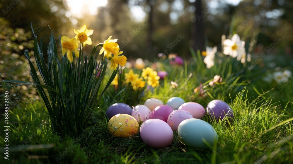 Fototapeta premium Colorful Easter Eggs with Daffodils on Grass in Springtime Garden