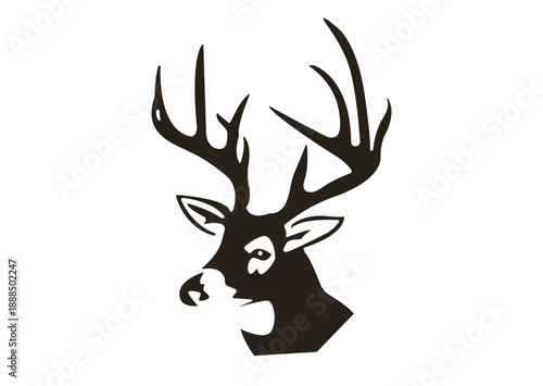 Whitetail deer head silhouette with large antlers, minimalist buck trophy illustration, black and white wild stag icon for hunting logo and outdoors design