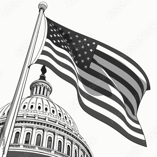 American Flag Waving in Front of the Capitol Building.