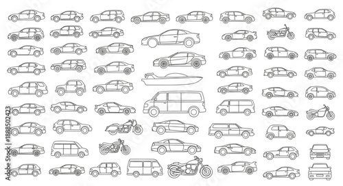 Collection of Hand Drawn Car Silhouettes and Sketches.