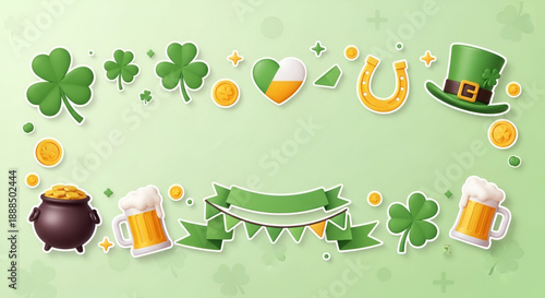 Saint Patricks Day festive frame with shamrock icons leprechaun hat beer mug gold coins banner design for Irish holiday celebration marketing