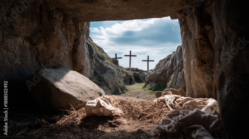 Empty tomb with three crosses against sky, easter resurrection scene