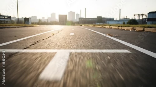 Low angle view of an asphalt road with white lines leading towards a distant cityscape.