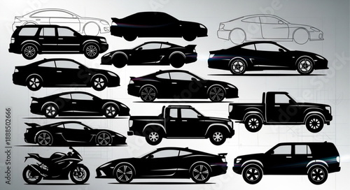 Collection of Silhouetted Vehicles and Motorcycle.