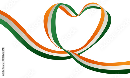 A flowing three-dimensional ribbon with Indian flag colors of saffron, white, and green, gracefully forming a heart shape.