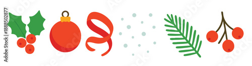 Christmas Elements Set With Holly Tree Branch Berries Snowflakes Ribbon vector illustration