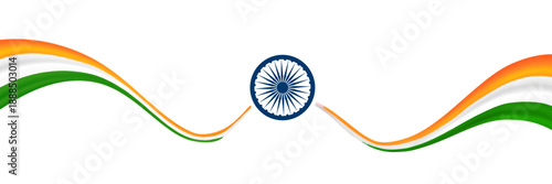 Stylized wavy Indian flag banner with flowing tricolor ribbons and the Ashoka Chakra.