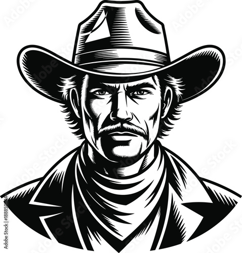 Vintage cowboy portrait silhouette vector, rugged western man wearing hat and bandana, outlaw character illustration for wild west themed designs.