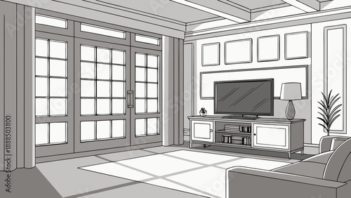Elegant Living Room Interior Design Sketch with Natural Light 1.