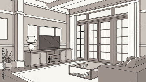 Elegant Living Room Interior Design Sketch with Natural Light 2.